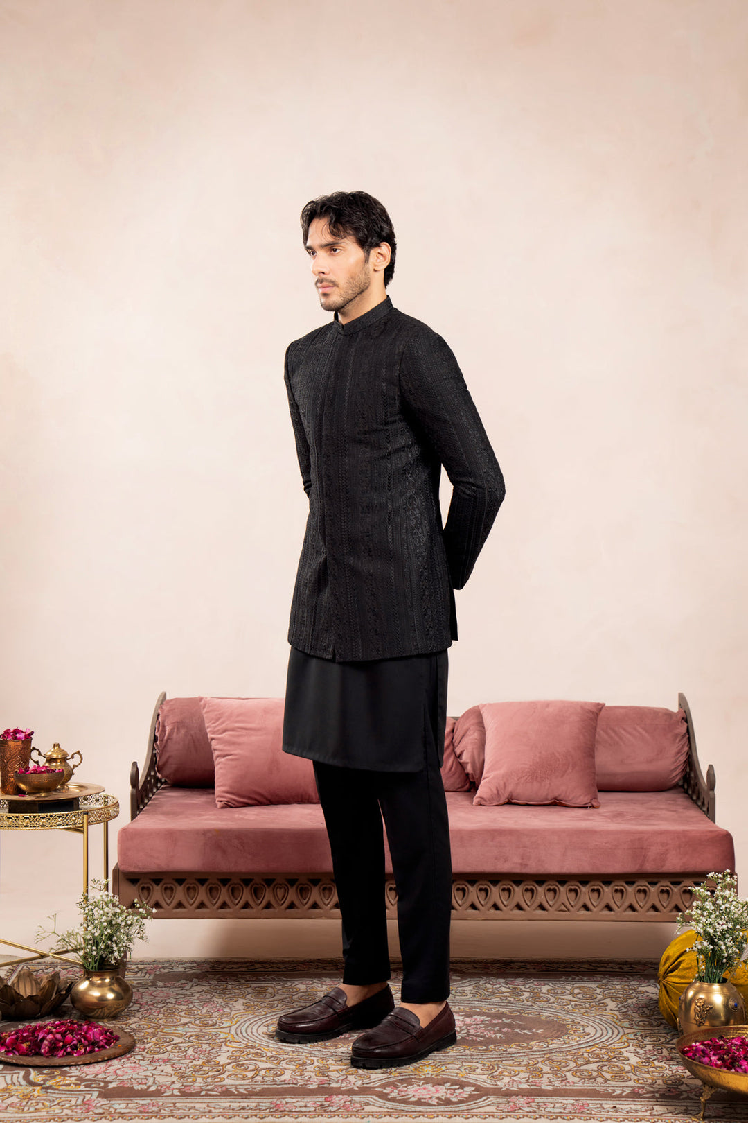 Muraqsh Ready To Wear Embroidered Cotton Men Black Kurta Trouser with Cross Stitched Prince Coat ABD-BKTWC - Summer Collection