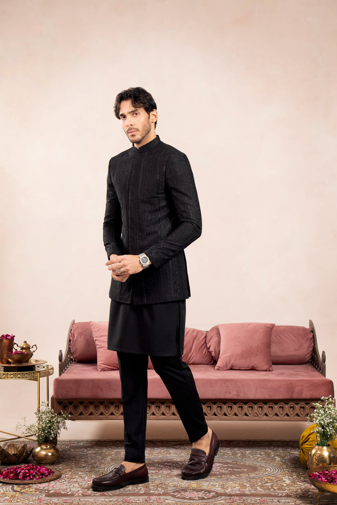 Muraqsh Ready To Wear Embroidered Cotton Men Black Kurta Trouser with Cross Stitched Prince Coat ABD-BKTWC - Summer Collection