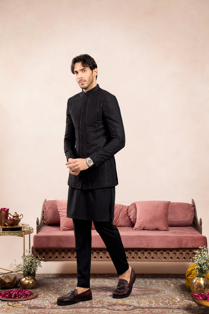Muraqsh Ready To Wear Embroidered Cotton Men Black Kurta Trouser with Cross Stitched Prince Coat ABD-BKTWC - Summer Collection