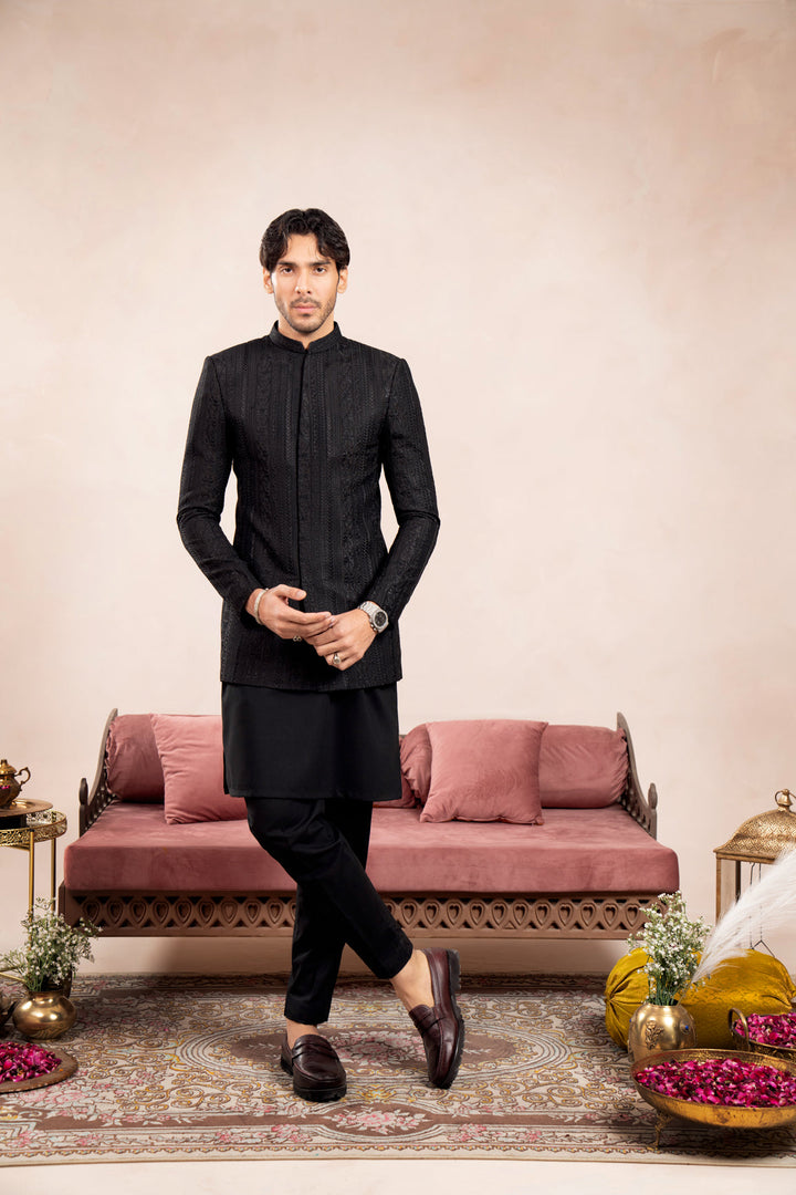 Muraqsh Ready To Wear Embroidered Cotton Men Black Kurta Trouser with Cross Stitched Prince Coat ABD-BKTWC - Summer Collection