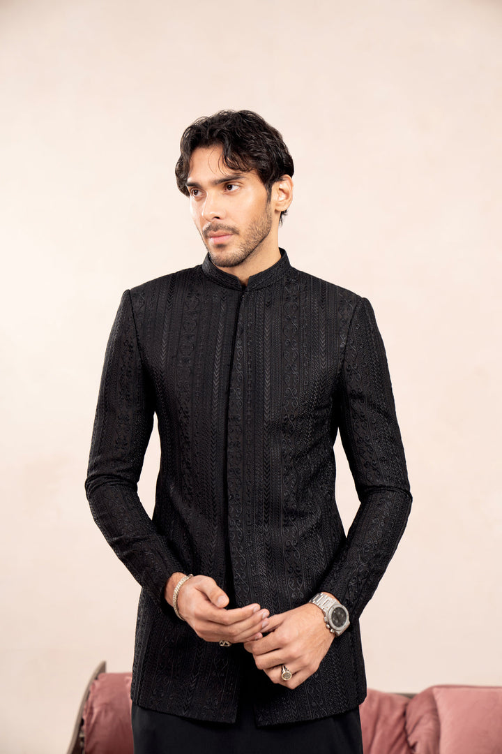 Muraqsh Ready To Wear Embroidered Cotton Men Black Cross Stitched Prince Coat MUR-BCSEP - Summer Collection