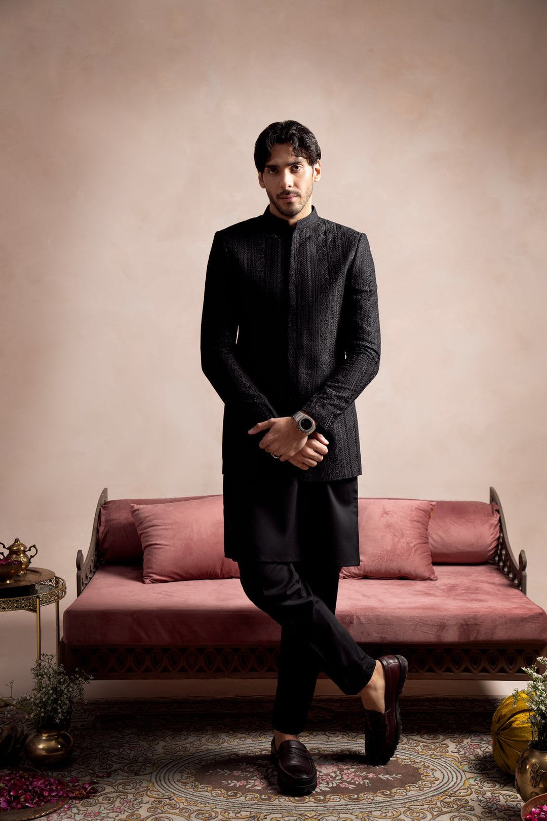 Muraqsh Ready To Wear Embroidered Cotton Men Black Cross Stitched Prince Coat MUR-BCSEP - Summer Collection
