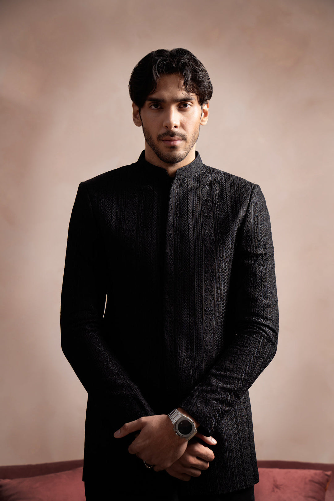 Muraqsh Ready To Wear Embroidered Cotton Men Black Kurta Trouser with Cross Stitched Prince Coat ABD-BKTWC - Summer Collection