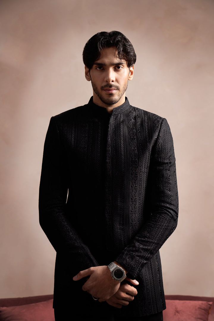 Muraqsh Ready To Wear Embroidered Cotton Men Black Kurta Trouser with Cross Stitched Prince Coat ABD-BKTWC - Summer Collection