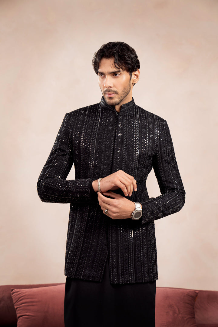 Muraqsh Ready To Wear Embroidered Cotton Men Black Kurta Trouser with Falling Pani Sequin Prince Coat ABD-BKTWF - Summer Collection