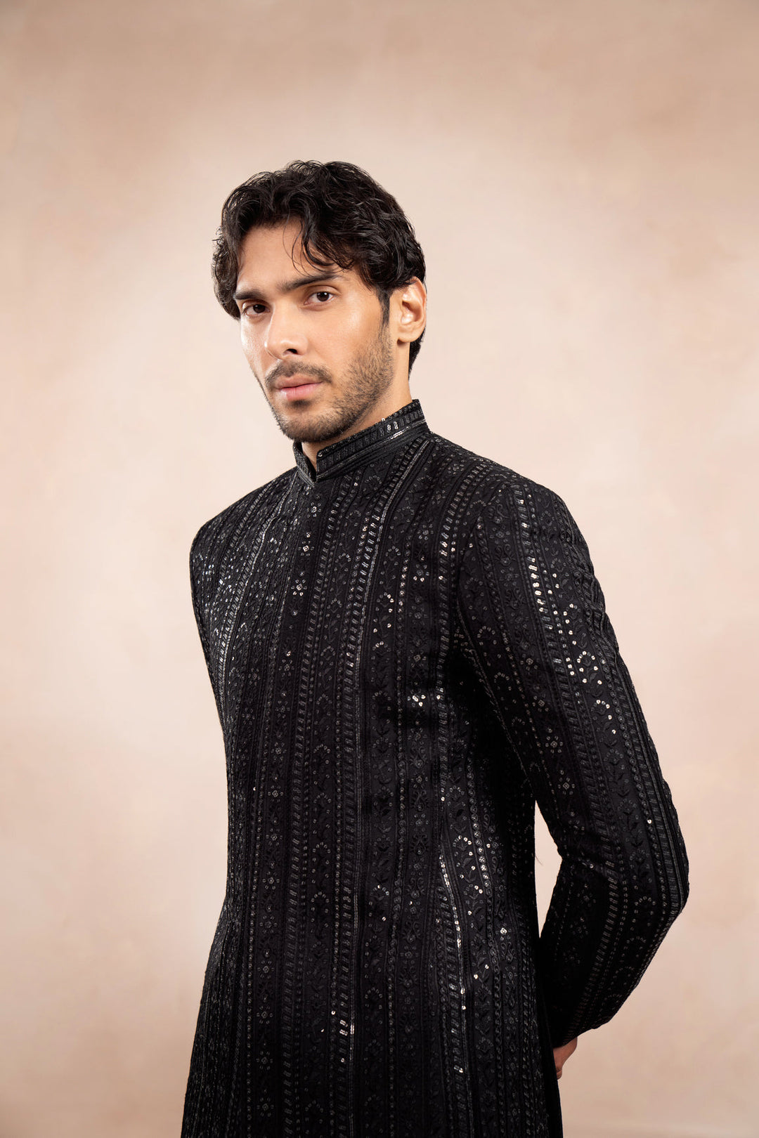 Muraqsh Ready To Wear Embroidered Cotton Men Black Kurta Trouser with Falling Pani Sequin Prince Coat ABD-BKTWF - Summer Collection
