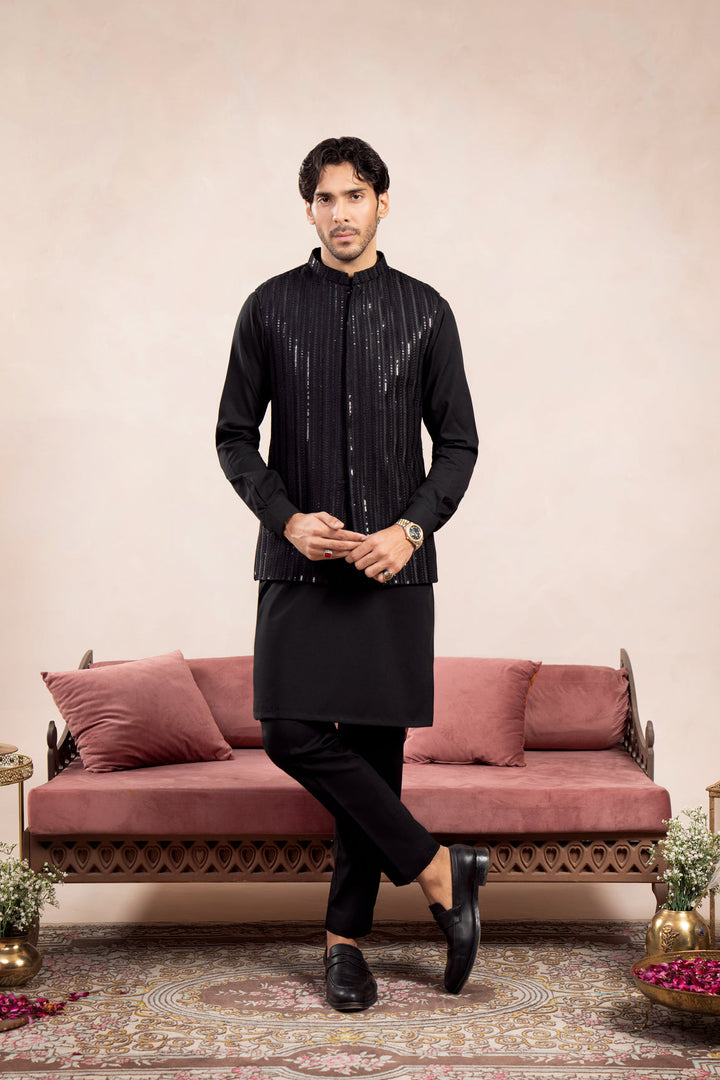 Muraqsh Ready To Wear Embroidered Cotton Men Black Falling Arrow Sequin Waistcoat MUR-BFASE - Summer Collection