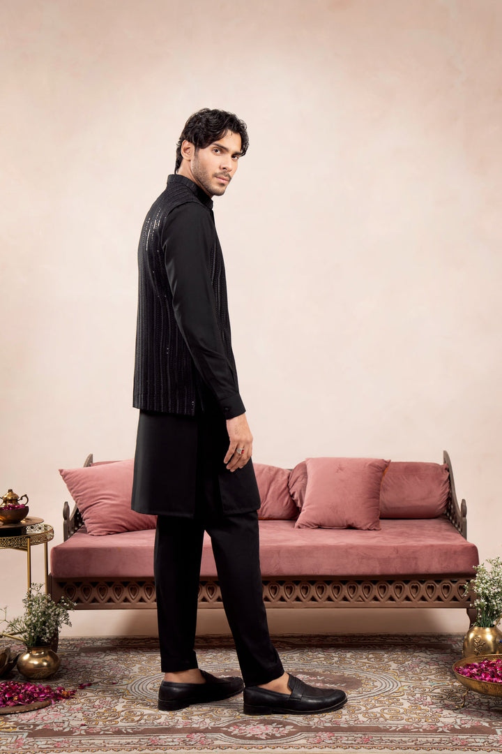 Muraqsh Ready To Wear Embroidered Cotton Men Black Falling Arrow Sequin Waistcoat MUR-BFASE - Summer Collection