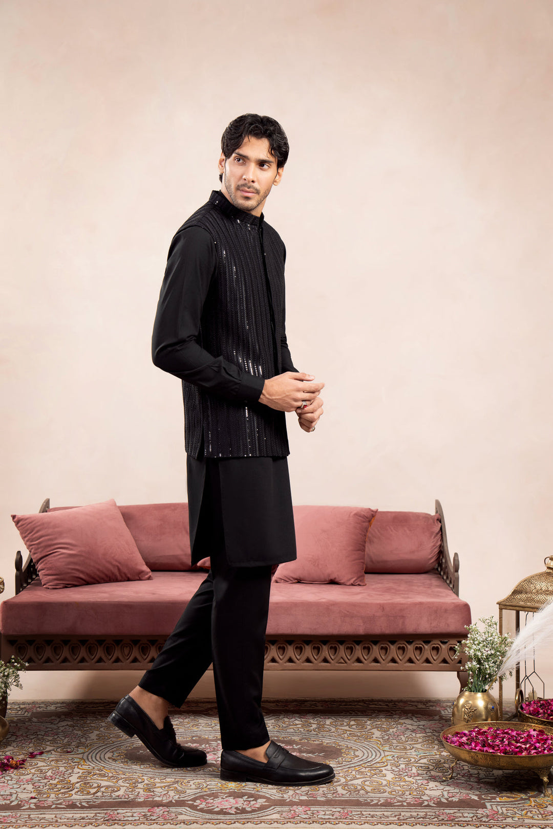 Muraqsh Ready To Wear Embroidered Cotton Men Black Kurta Trouser with Falling Arrow Waistcoat MUR-BKTWF - Summer Collection