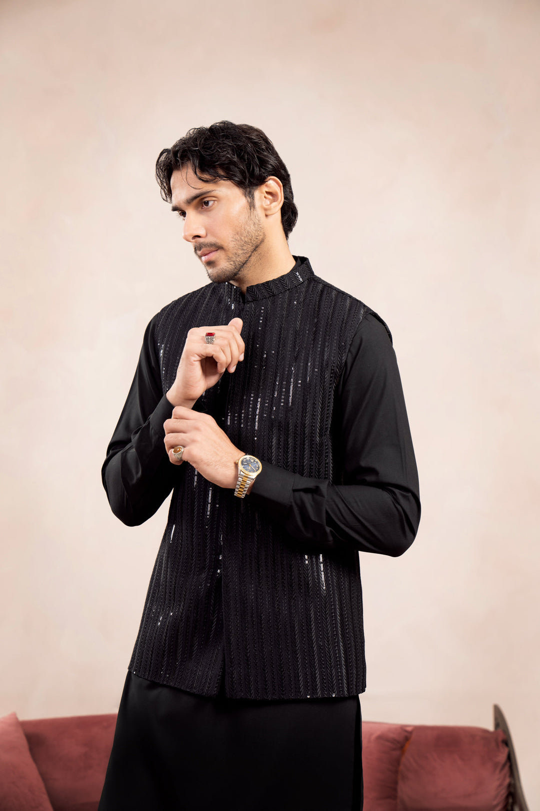 Muraqsh Ready To Wear Embroidered Cotton Men Black Kurta Trouser with Falling Arrow Waistcoat MUR-BKTWF - Summer Collection