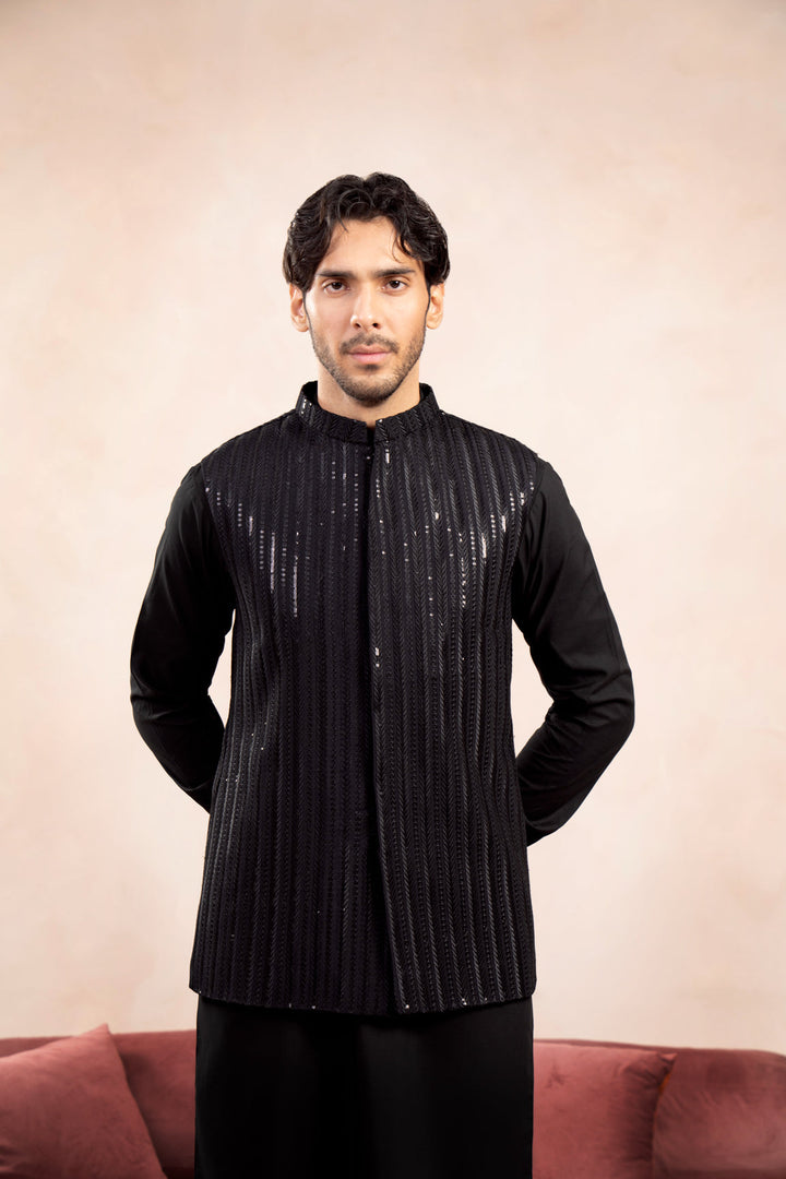 Muraqsh Ready To Wear Embroidered Cotton Men Black Falling Arrow Sequin Waistcoat MUR-BFASE - Summer Collection