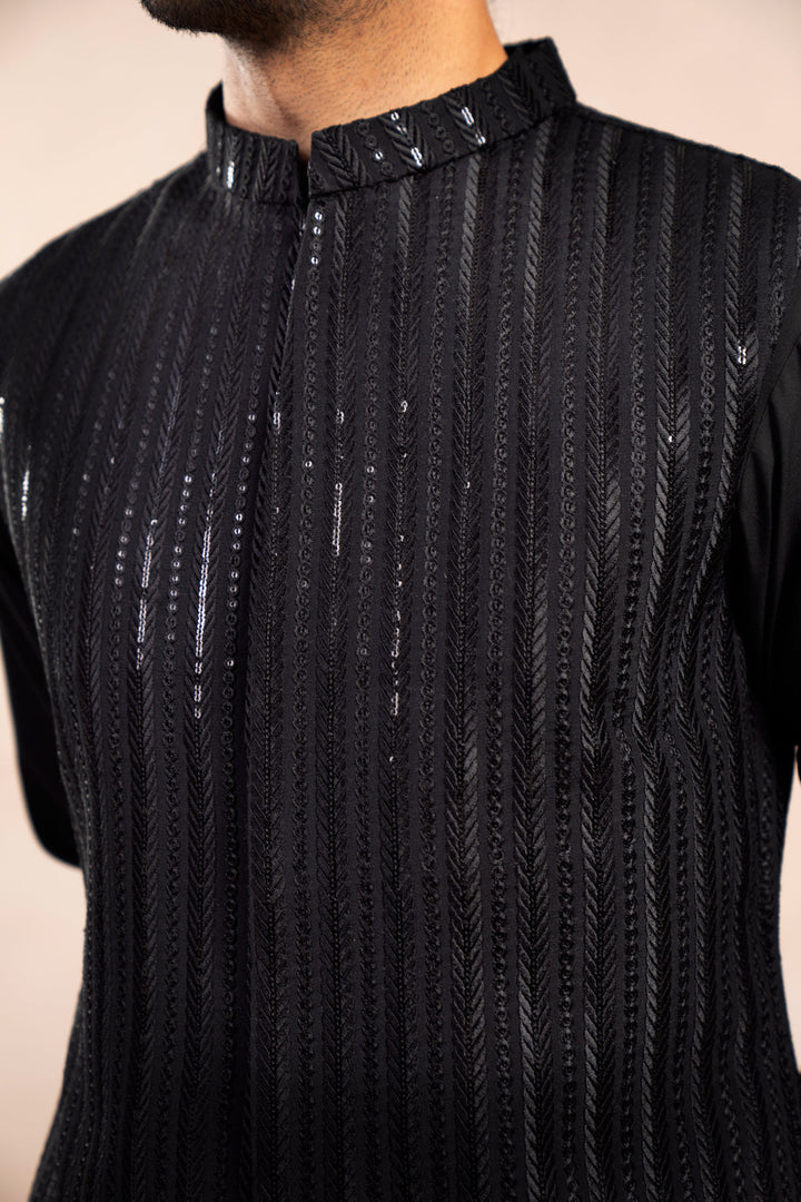 Muraqsh Ready To Wear Embroidered Cotton Men Black Falling Arrow Sequin Waistcoat MUR-BFASE - Summer Collection