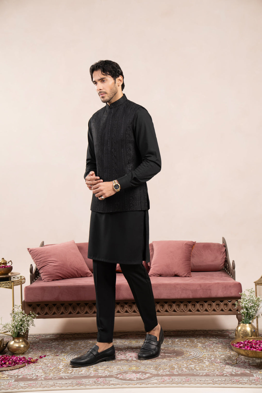 Muraqsh Ready To Wear Embroidered Cotton Men Black Cross Stitched Waistcoat MUR-BCSEW - Summer Collection