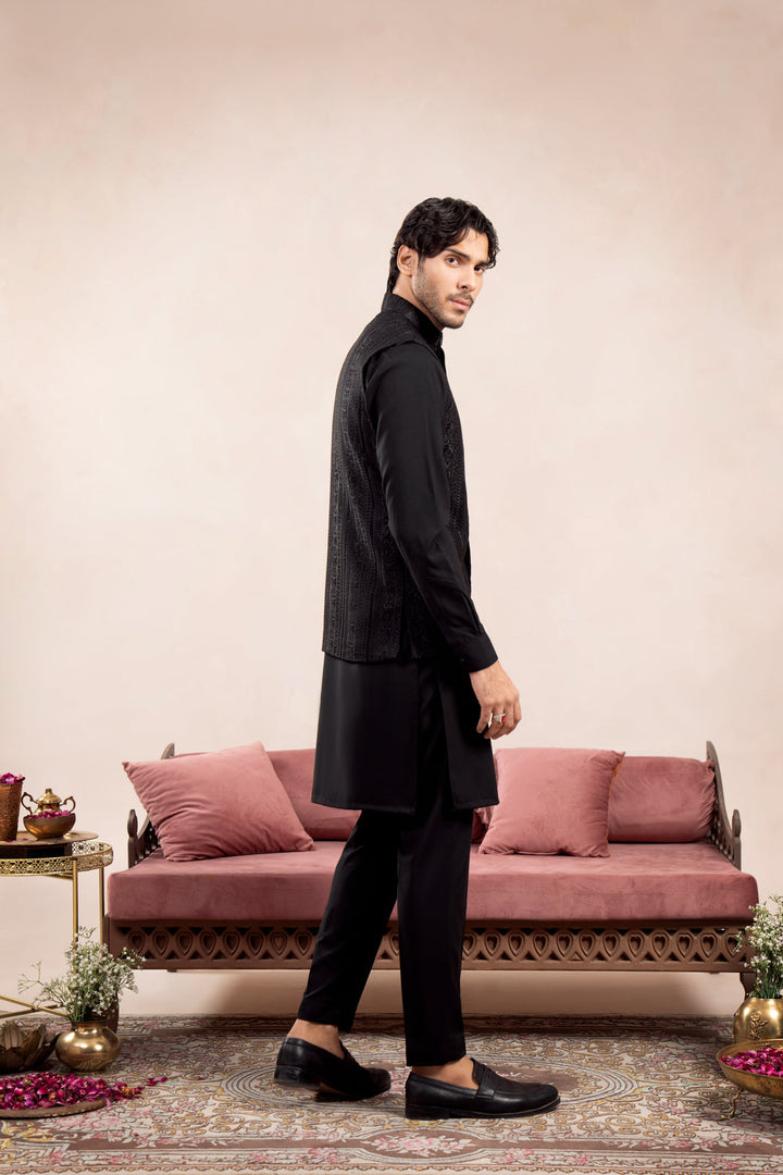 Muraqsh Ready To Wear Embroidered Cotton Men Black Cross Stitched Waistcoat MUR-BCSEW - Summer Collection