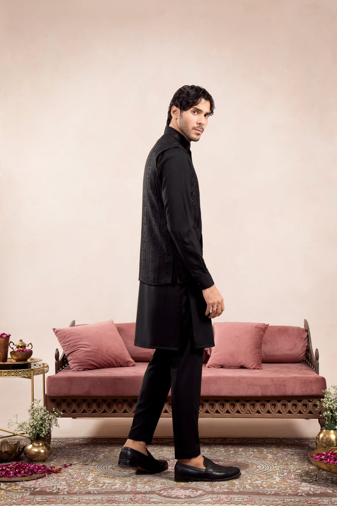 Muraqsh Ready To Wear Embroidered Cotton Men Black Cross Stitched Waistcoat MUR-BCSEW - Summer Collection