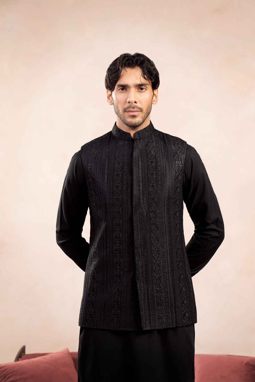 Muraqsh Ready To Wear Embroidered Cotton Men Black Kurta Trouser with Cross Stitched Waistcoat MUR-BKTWC - Summer Collection