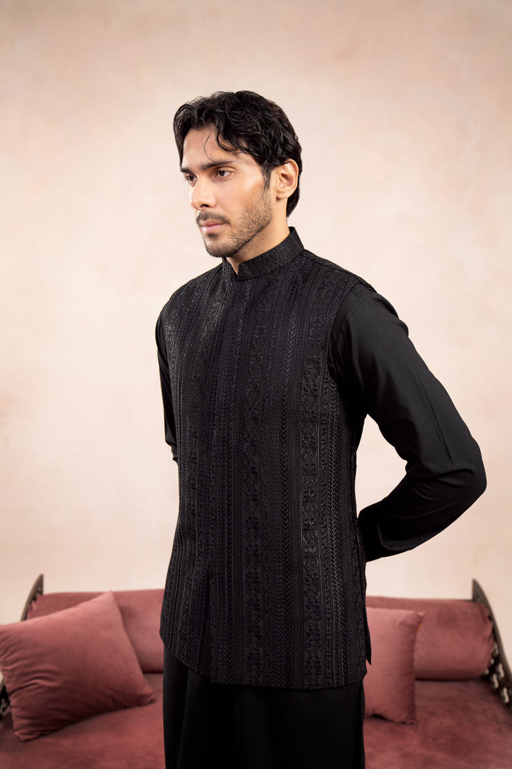 Muraqsh Ready To Wear Embroidered Cotton Men Black Kurta Trouser with Cross Stitched Waistcoat MUR-BKTWC - Summer Collection