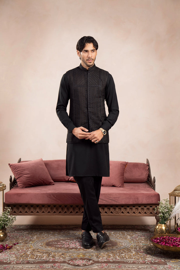 Muraqsh Ready To Wear Embroidered Cotton Men Black Kurta Trouser with Royal Waistcoat MUR-BKTWR - Summer Collection