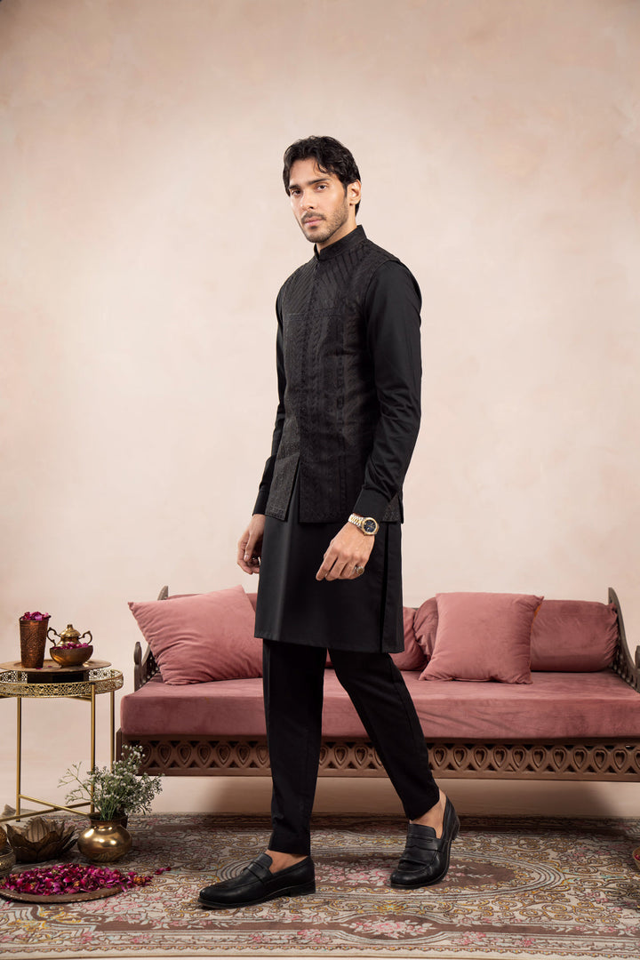 Muraqsh Ready To Wear Embroidered Cotton Men Black Royal Embroidered Waistcoat MUR-BREW - Summer Collection
