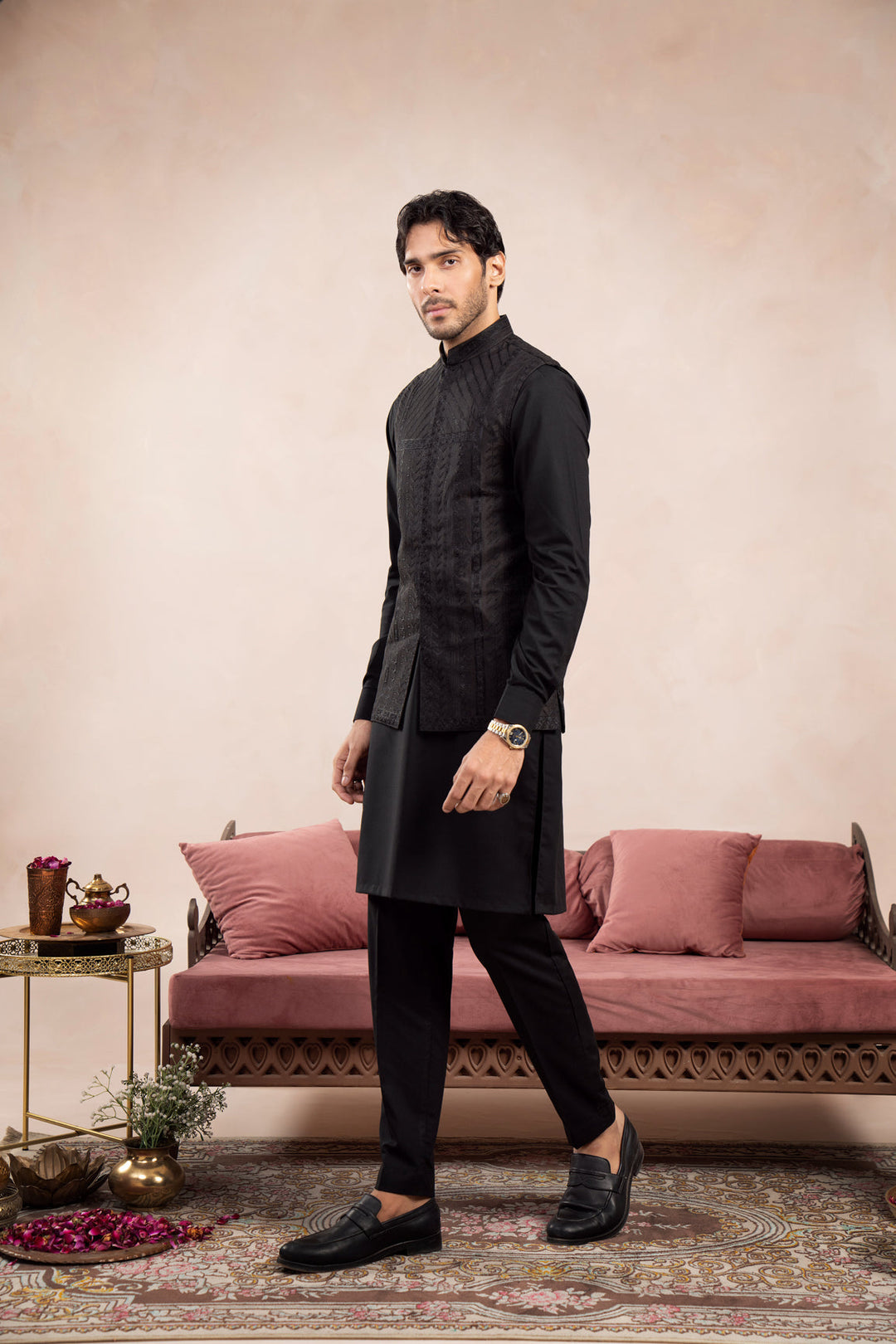 Muraqsh Ready To Wear Embroidered Cotton Men Black Kurta Trouser with Royal Waistcoat MUR-BKTWR - Summer Collection
