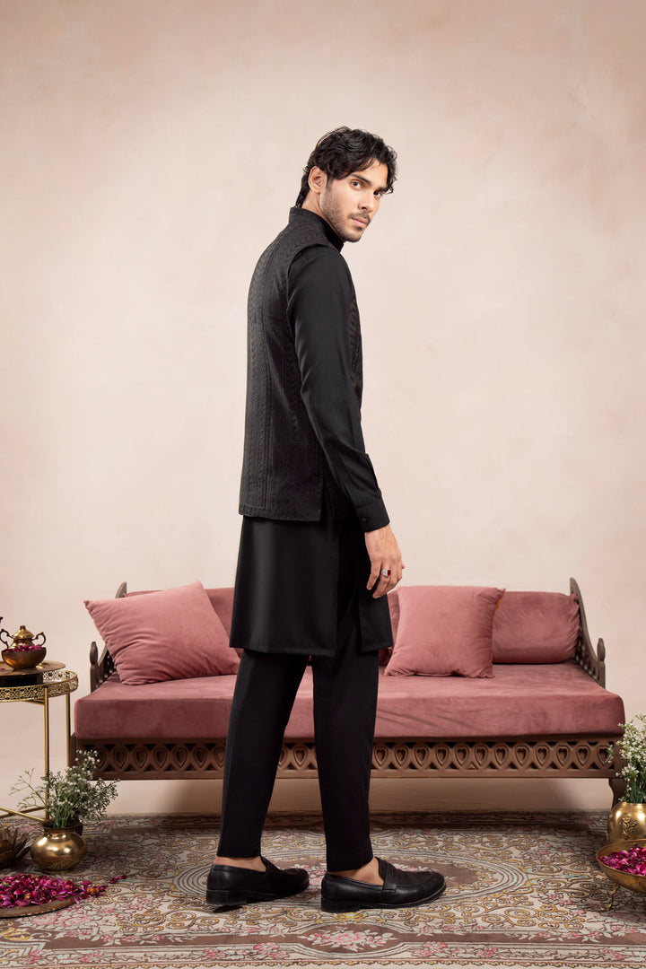 Muraqsh Ready To Wear Embroidered Cotton Men Black Kurta Trouser with Royal Waistcoat MUR-BKTWR - Summer Collection