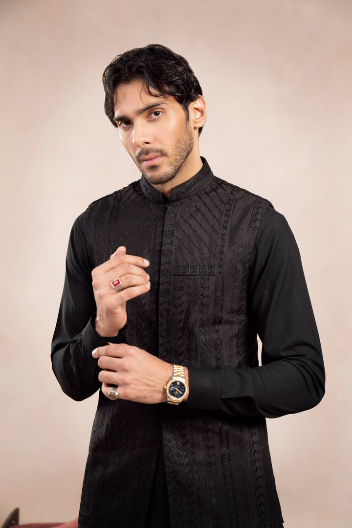 Muraqsh Ready To Wear Embroidered Cotton Men Black Royal Embroidered Waistcoat MUR-BREW - Summer Collection