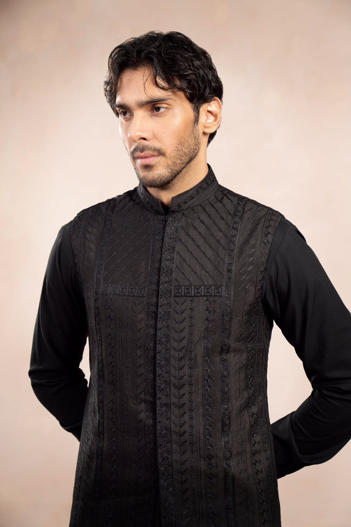 Muraqsh Ready To Wear Embroidered Cotton Men Black Royal Embroidered Waistcoat MUR-BREW - Summer Collection