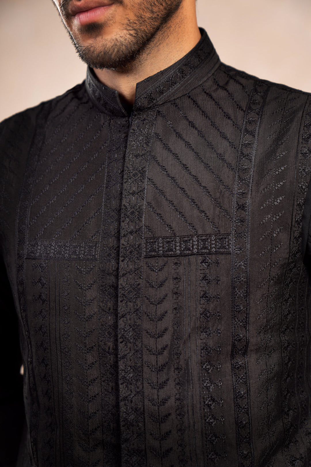Muraqsh Ready To Wear Embroidered Cotton Men Black Kurta Trouser with Royal Waistcoat MUR-BKTWR - Summer Collection