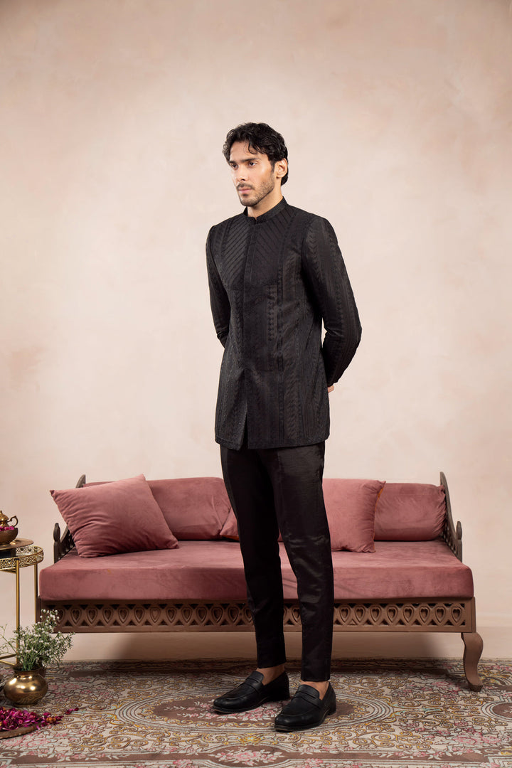 Muraqsh Ready To Wear Embroidered Cotton Men Black Royal Prince Coat MUR-BREPC - Summer Collection
