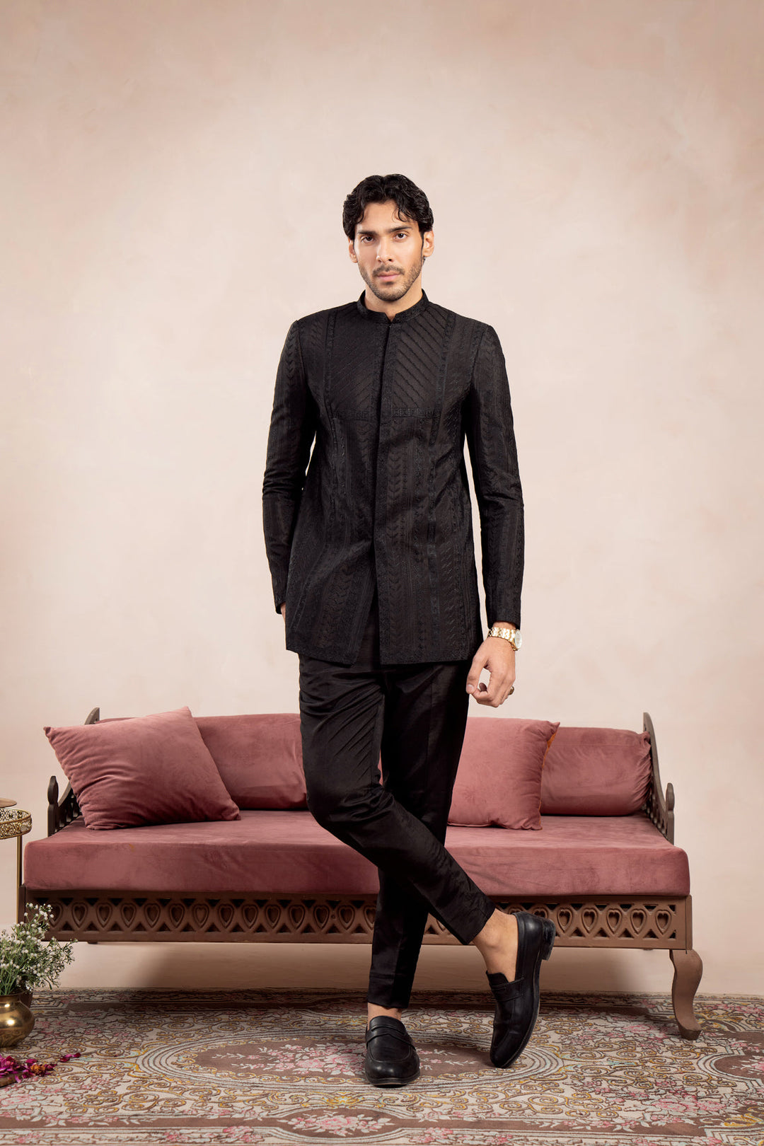 Muraqsh Ready To Wear Embroidered Cotton Men Black Royal Prince Coat MUR-BREPC - Summer Collection