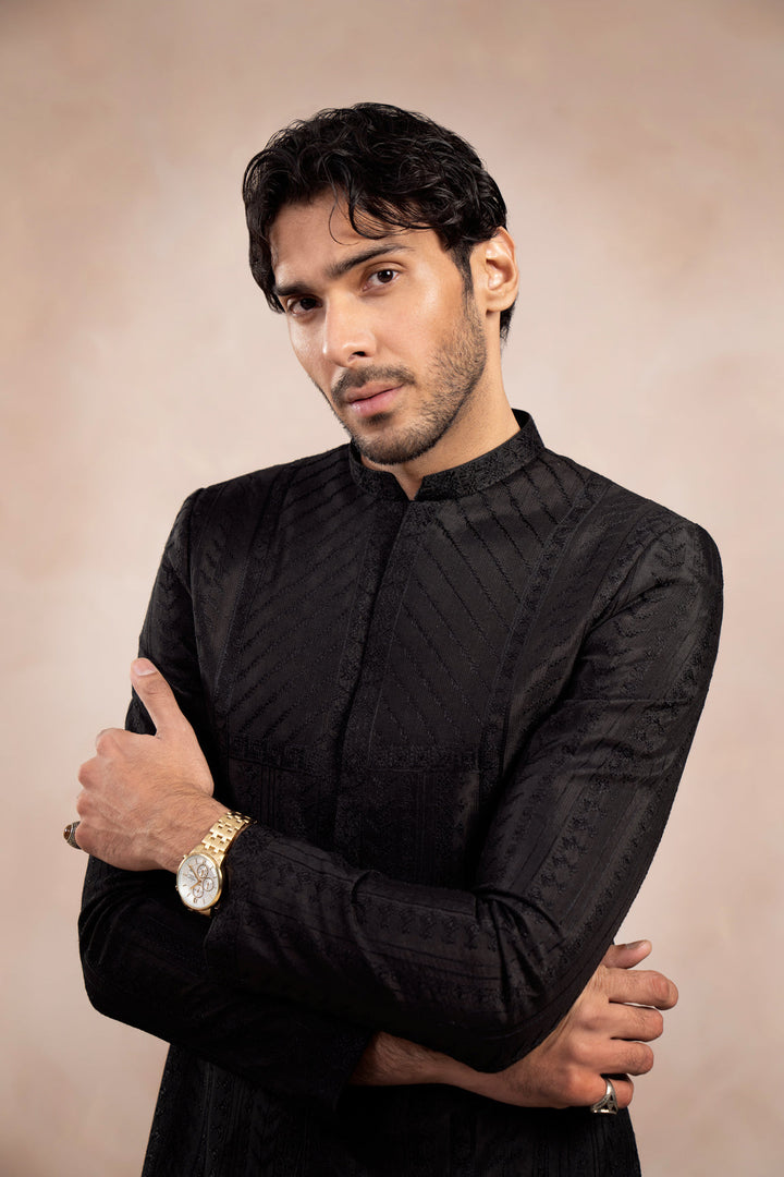 Muraqsh Ready To Wear Embroidered Cotton Men Black Royal Prince Coat MUR-BREPC - Summer Collection