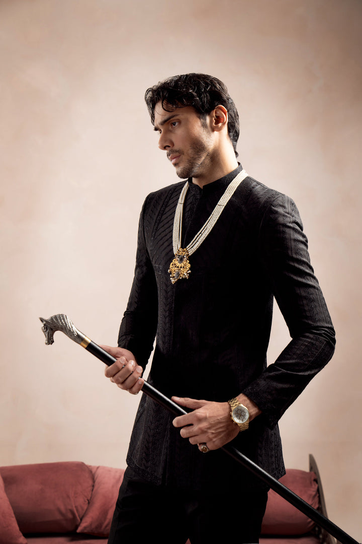 Muraqsh Ready To Wear Embroidered Cotton Men Black Royal Prince Coat MUR-BREPC - Summer Collection