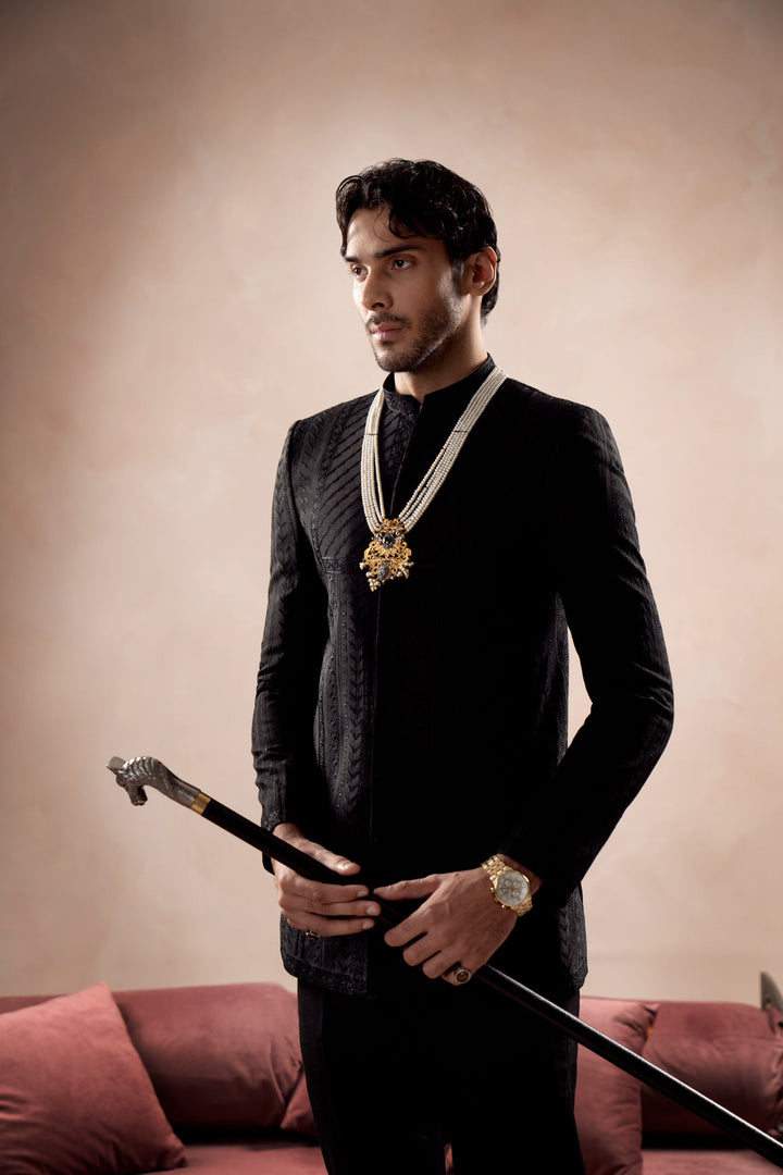 Muraqsh Ready To Wear Embroidered Cotton Men Black Royal Prince Coat MUR-BREPC - Summer Collection