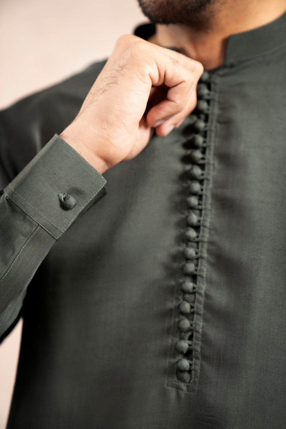 Muraqsh Ready To Wear Solids Silk Men Olive Green Viscose Kurta Trouser Loop Buttons ABD-OLIVE-BAN - Winter Collection