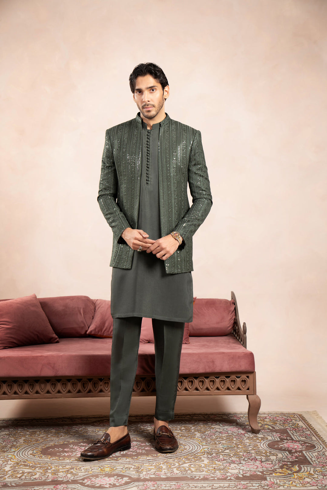 Muraqsh Ready To Wear Embroidered Cotton Men Olive Green Falling Open Prince Coat MUR-OGFEO - Summer Collection