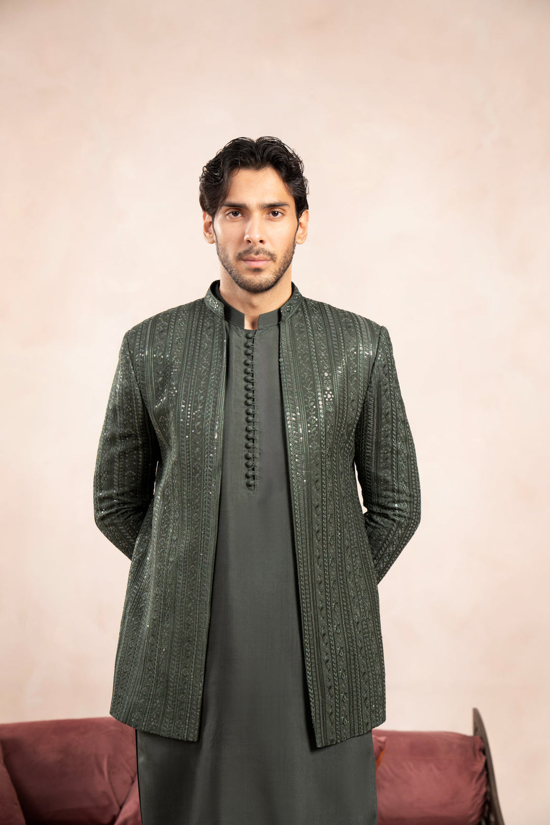 Muraqsh Ready To Wear Embroidered Cotton Men Olive Green Falling Open Prince Coat MUR-OGFEO - Summer Collection