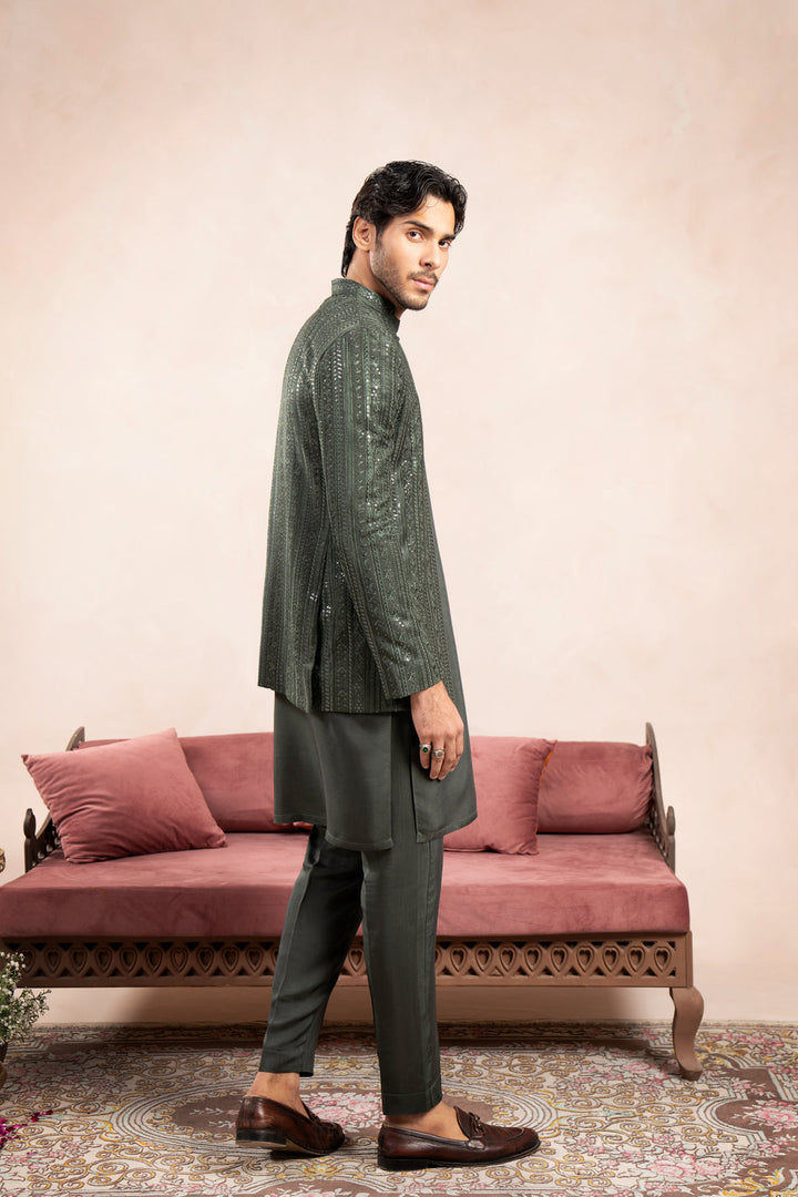Muraqsh Ready To Wear Embroidered Cotton Men Olive Green Falling Open Prince Coat MUR-OGFEO - Summer Collection