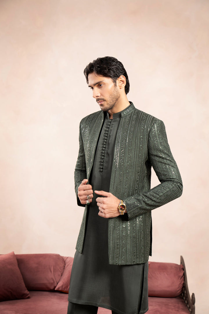 Muraqsh Ready To Wear Embroidered Cotton Men Olive Green Loop Kurta Trouser with Falling Open Prince Coat ABD-OGLKT - Summer Collection