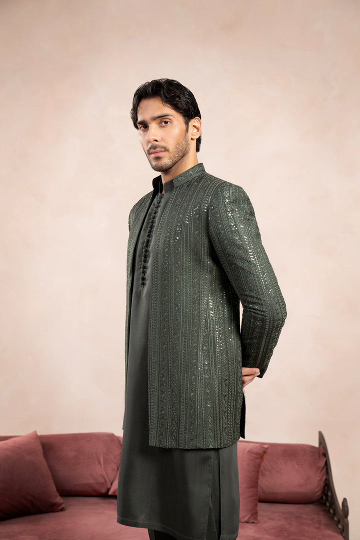 Muraqsh Ready To Wear Embroidered Cotton Men Olive Green Falling Open Prince Coat MUR-OGFEO - Summer Collection