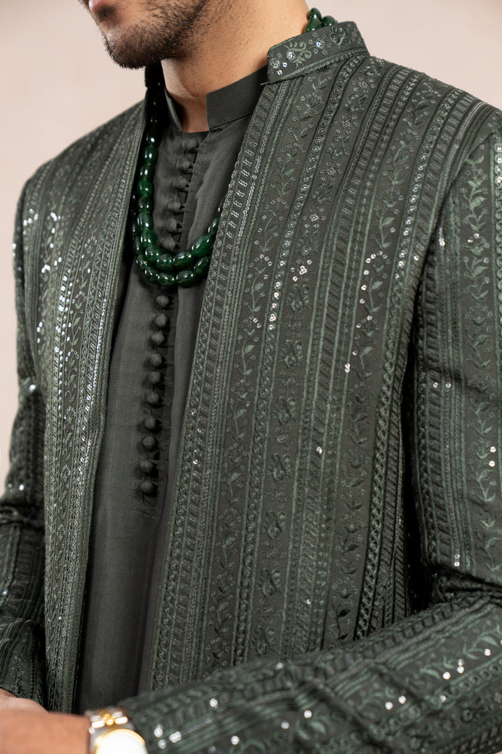 Muraqsh Ready To Wear Embroidered Cotton Men Olive Green Falling Open Prince Coat MUR-OGFEO - Summer Collection