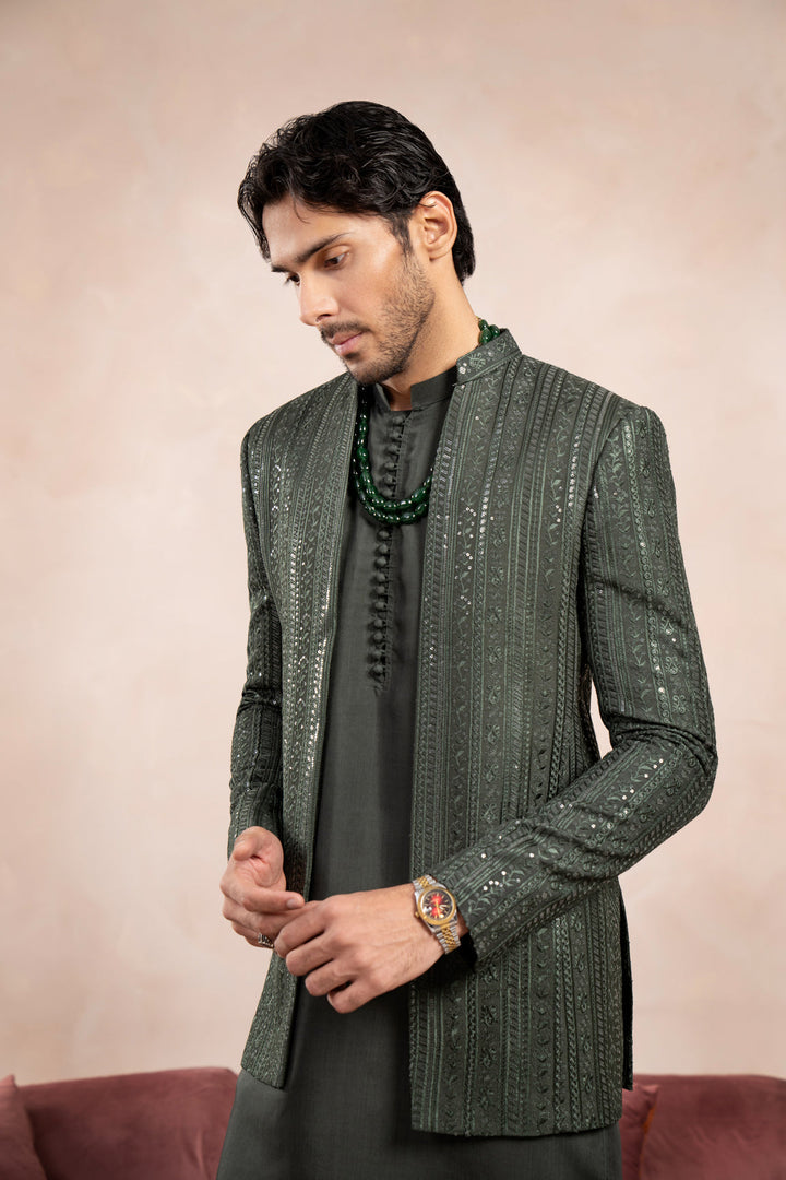 Muraqsh Ready To Wear Embroidered Cotton Men Olive Green Falling Open Prince Coat MUR-OGFEO - Summer Collection