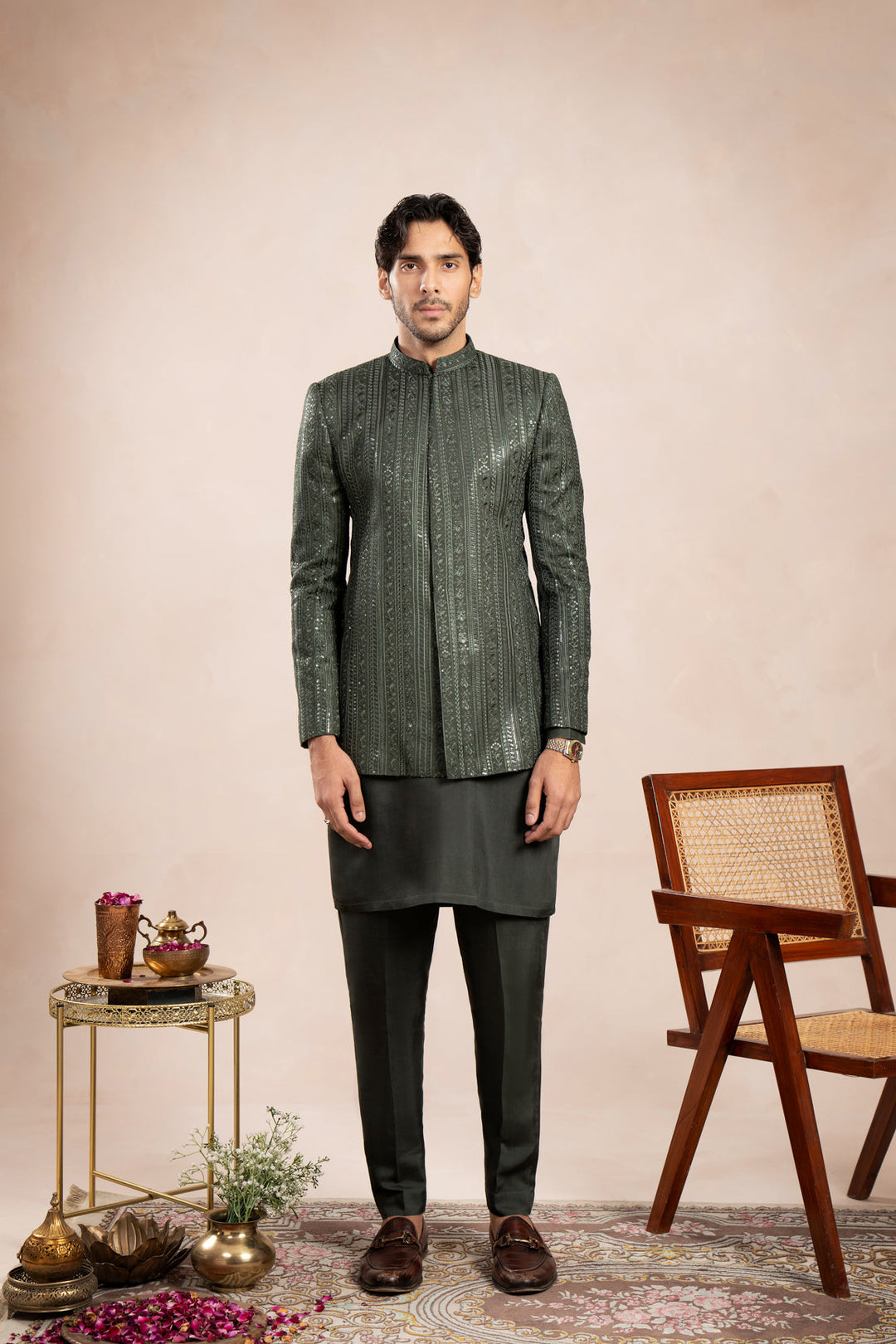 Muraqsh Ready To Wear Embroidered Cotton Men Olive Green Falling Prince Coat MUR-OGFEP - Summer Collection