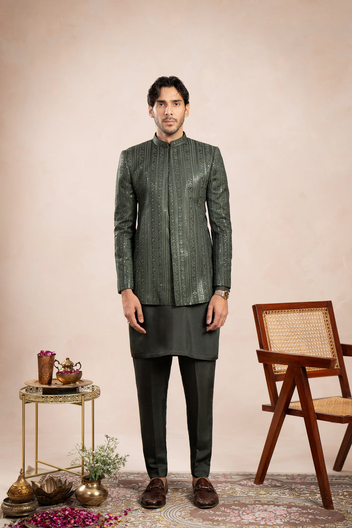 Muraqsh Ready To Wear Embroidered Cotton Men Olive Green Falling Prince Coat MUR-OGFEP - Summer Collection