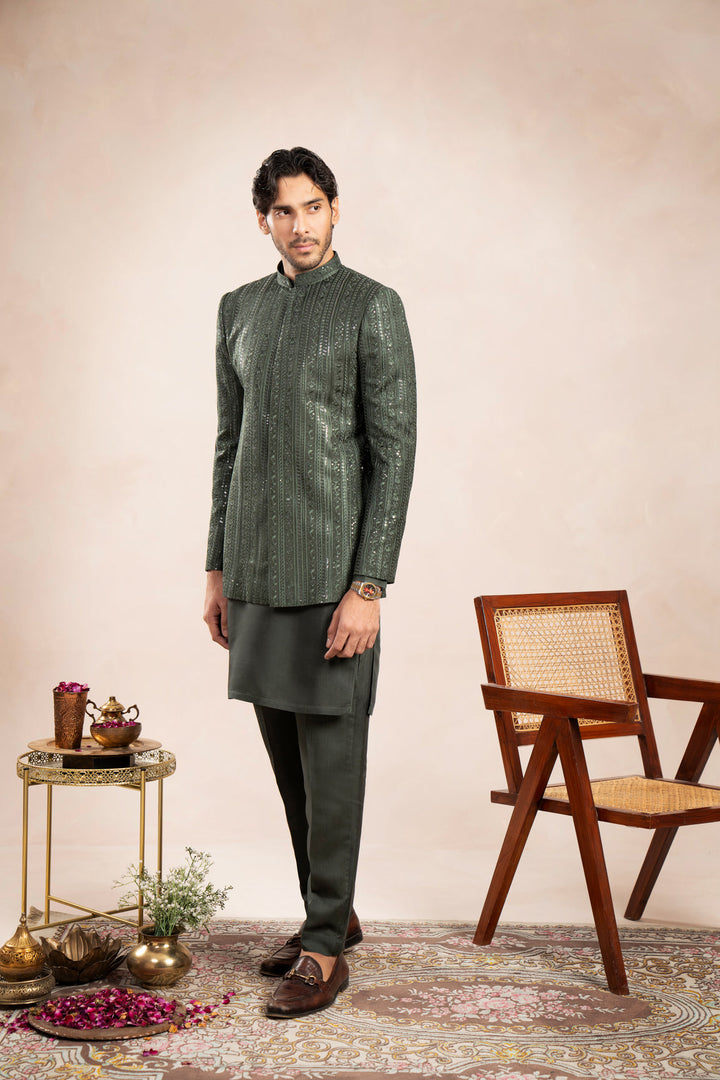 Muraqsh Ready To Wear Embroidered Cotton Men Olive Green Kurta Trouser with Falling Prince Coat ABD-OGKTW - Summer Collection