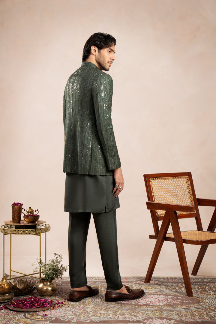 Muraqsh Ready To Wear Embroidered Cotton Men Olive Green Kurta Trouser with Falling Prince Coat ABD-OGKTW - Summer Collection