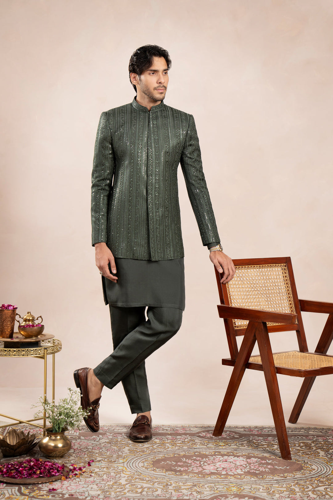 Muraqsh Ready To Wear Embroidered Cotton Men Olive Green Falling Prince Coat MUR-OGFEP - Summer Collection