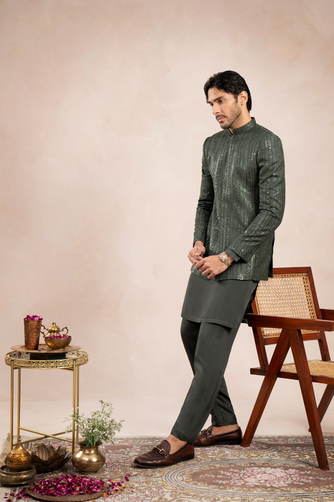 Muraqsh Ready To Wear Embroidered Cotton Men Olive Green Falling Prince Coat MUR-OGFEP - Summer Collection