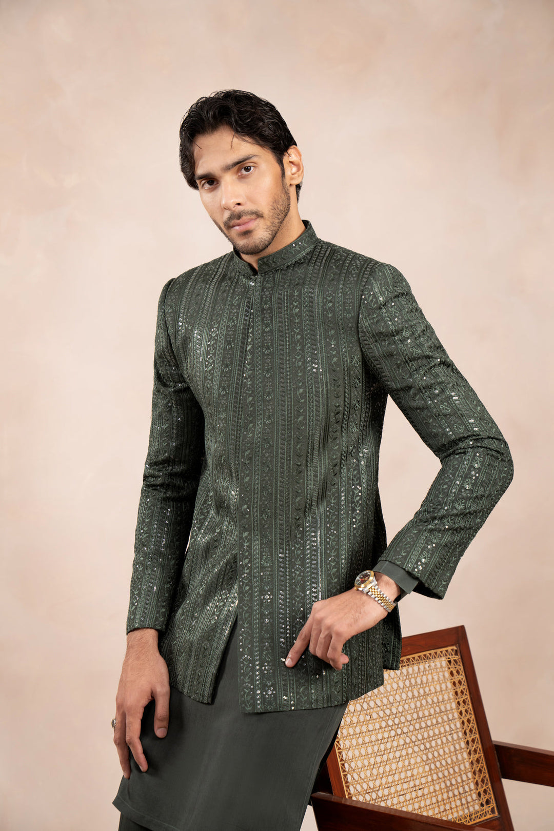 Muraqsh Ready To Wear Embroidered Cotton Men Olive Green Falling Prince Coat MUR-OGFEP - Summer Collection