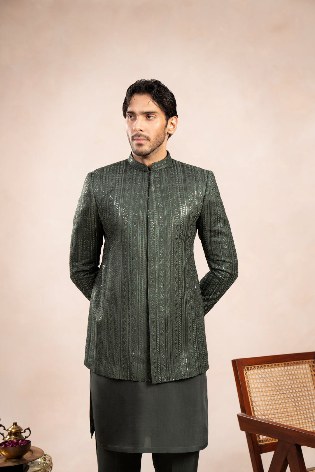 Muraqsh Ready To Wear Embroidered Cotton Men Olive Green Falling Prince Coat MUR-OGFEP - Summer Collection