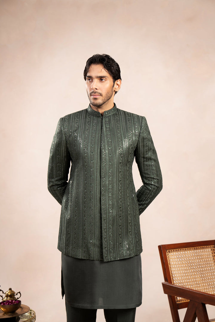 Muraqsh Ready To Wear Embroidered Cotton Men Olive Green Falling Prince Coat MUR-OGFEP - Summer Collection
